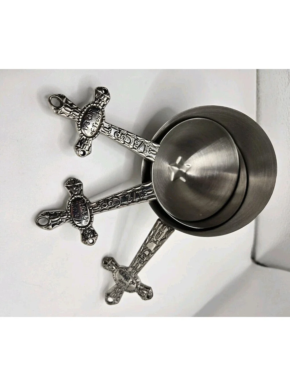 Vtg Ganz Religious Cross Measuring Cups 3pc Zinc Alloy Faith Trust Hope